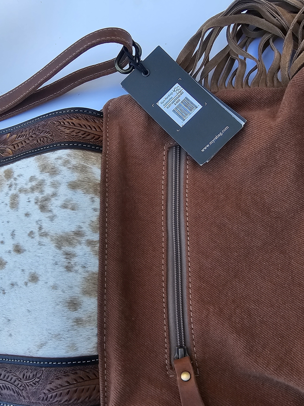Myra Bag White & Brown Cowhide Fringe Crossbody with Tooled Leather Flap - Picture 4 of 5